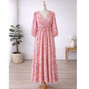 DKNY Pink and White Midi Dress with Bishop Sleeves